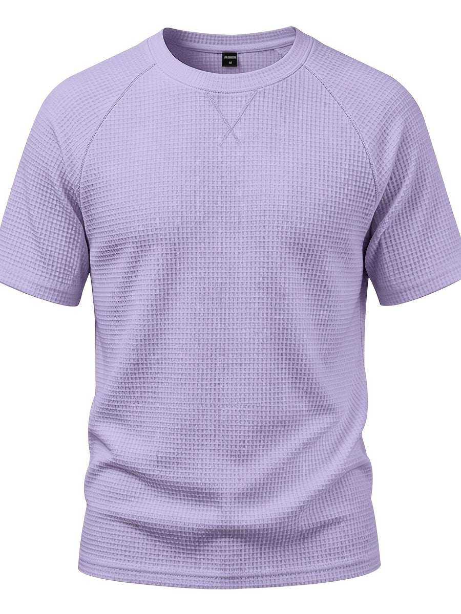 Men's Lightweight Waffle Knit Short Sleeve Shirt, Casual Crew Neck Textured T Shirt with Relaxed Fit Design, Breathable Comfortable Summer Pullover Top for Beach Vacation, Travel, Camping, Outdoor Sports and Casual Attire - Purple