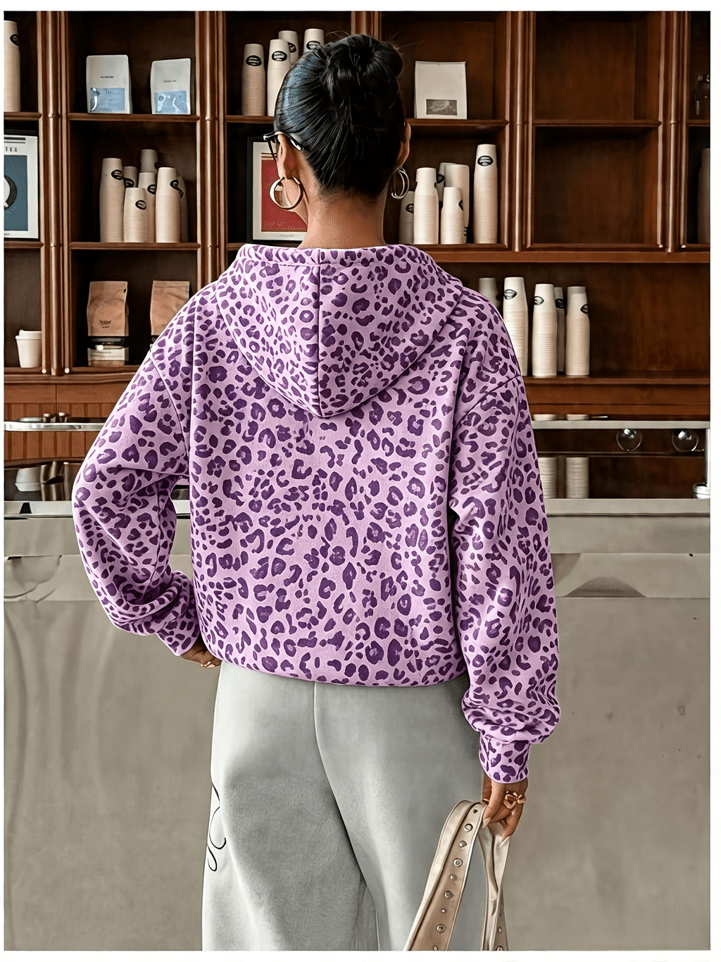 Women's Fashion Leopard Print Hoodie Sweatshirt - Dark Violet