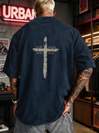 Men's Heavyweight T-Shirt Washed Distressed Fashion Print 2026 Summer New Urban High Street Hiphop Style Vintage Acid Wash Casual Gym Workout Top Pure Cotton Breathable Base Shirt - Navy Color