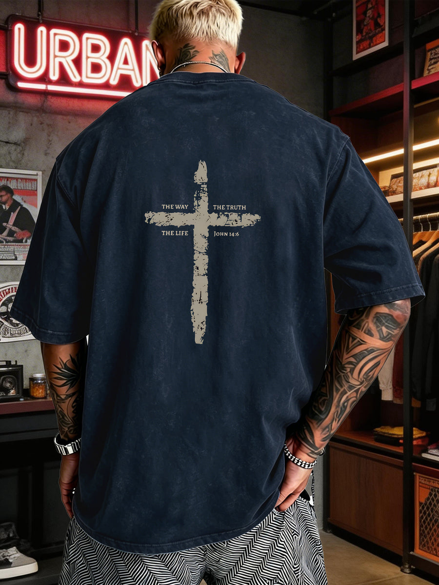 Men's Heavyweight T-Shirt Washed Distressed Fashion Print 2026 Summer New Urban High Street Hiphop Style Vintage Acid Wash Casual Gym Workout Top Pure Cotton Breathable Base Shirt - Navy Color