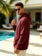 Spring And Autumn Men'S Casual Hooded Shirt, Long Sleeve Shirt, Solid Color Minimalist, Trendy And Versatile, Lightweight And Breathable, Suitable for Beach Vacation, Travel, And Daily Wear - Burgundy