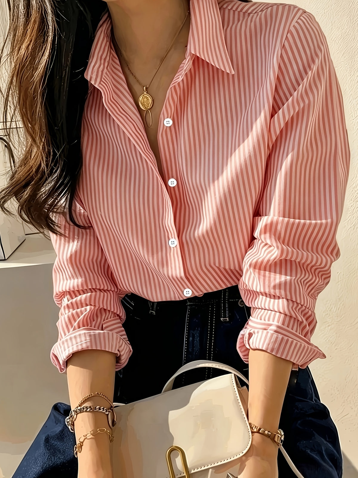 Women's Four-Season Striped Commuter Elegant Shirt - Pink