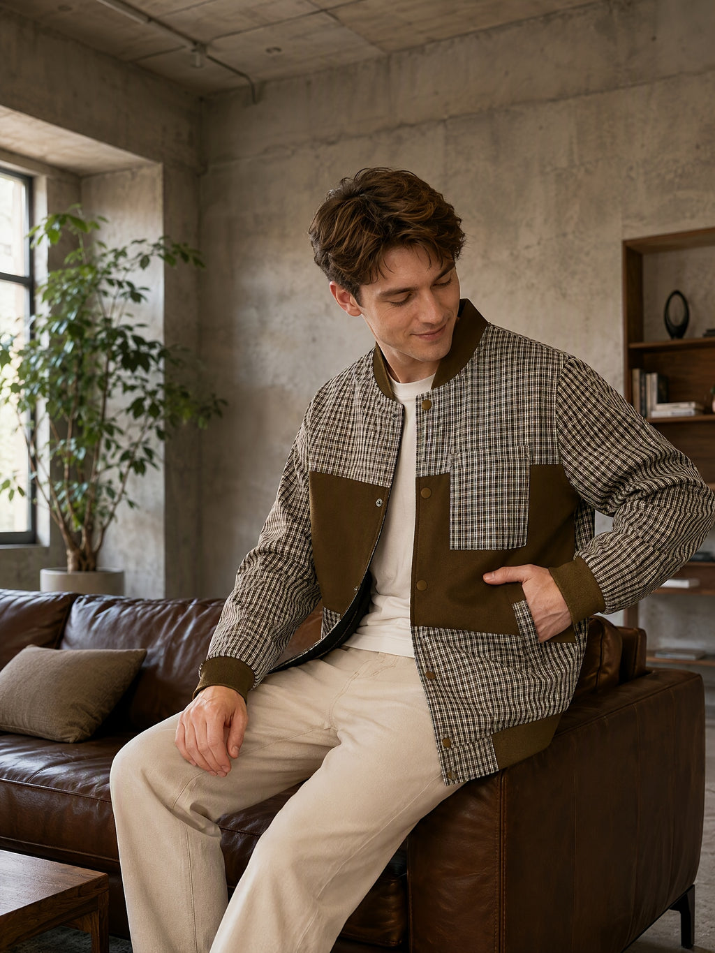 Men'S Vintage Jacket with Pockets, Snap-Button Front, Classic Plaid Pattern, Fashionable Retro Street Baseball Coat, Men'S Preppy Jacket - Coffee Color