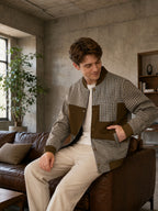 Men'S Vintage Jacket with Pockets, Snap-Button Front, Classic Plaid Pattern, Fashionable Retro Street Baseball Coat, Men'S Preppy Jacket - Coffee Color