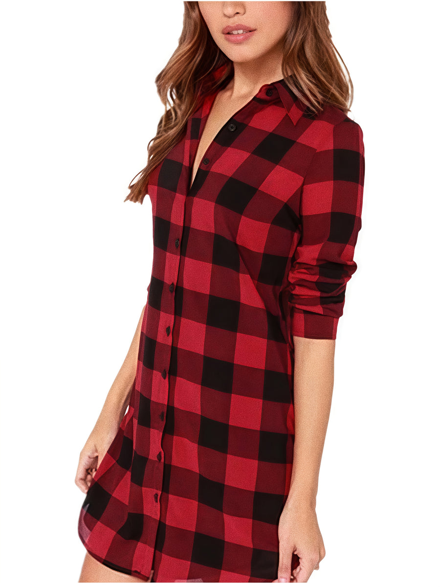 Women's Elegant Collar Button- Shirt - Loose Fit Long Button-Front Plaid Blouse Suitable for Daily Wear, Travel & Office - Machine Washable Classic Shirt - Red And Black Plaid