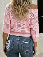 Women's New Spring/Summer Solid Color Sexy Hollow-Out Pattern Asymmetrical Neckline Three-Quarter Sleeve Loose Fit Casual Fashion Pullover Fabric Top - Pink Color