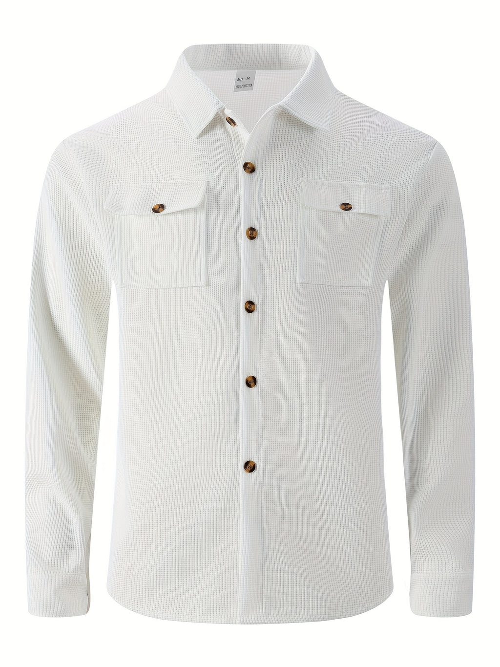 Men'S Waffle Knit Long Sleeve Button-Up Shirt, Casual Lapel Workwear with Chest Pocket, Lightweight And Breathable Daily Top, Autumn Menswear - White