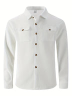 Men'S Waffle Knit Long Sleeve Button-Up Shirt, Casual Lapel Workwear with Chest Pocket, Lightweight And Breathable Daily Top, Autumn Menswear - White