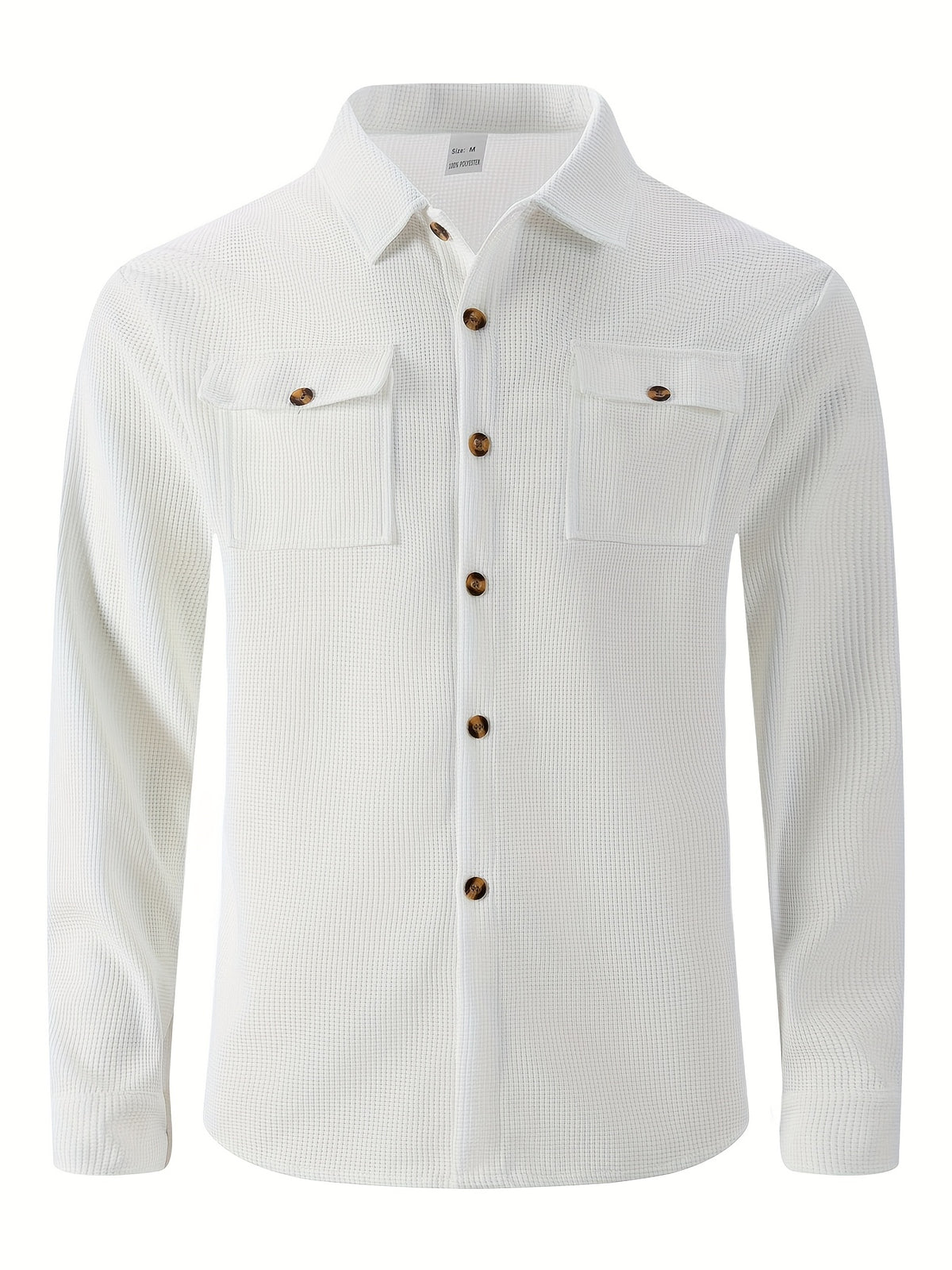 Men'S Waffle Knit Long Sleeve Button-Up Shirt, Casual Lapel Workwear with Chest Pocket, Lightweight And Breathable Daily Top, Autumn Menswear - White