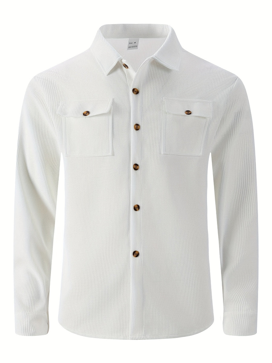 Men'S Waffle Knit Long Sleeve Button-Up Shirt, Casual Lapel Workwear with Chest Pocket, Lightweight And Breathable Daily Top, Autumn Menswear - White