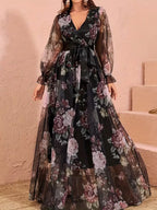 [ZD1031036] Elegant Floral Dress with See-Through Long Sleeves, Tie-Up Bow, Waist-Cinching, And Large Swing, Suitable for Dates, Dinners, And Evening Gowns - Black