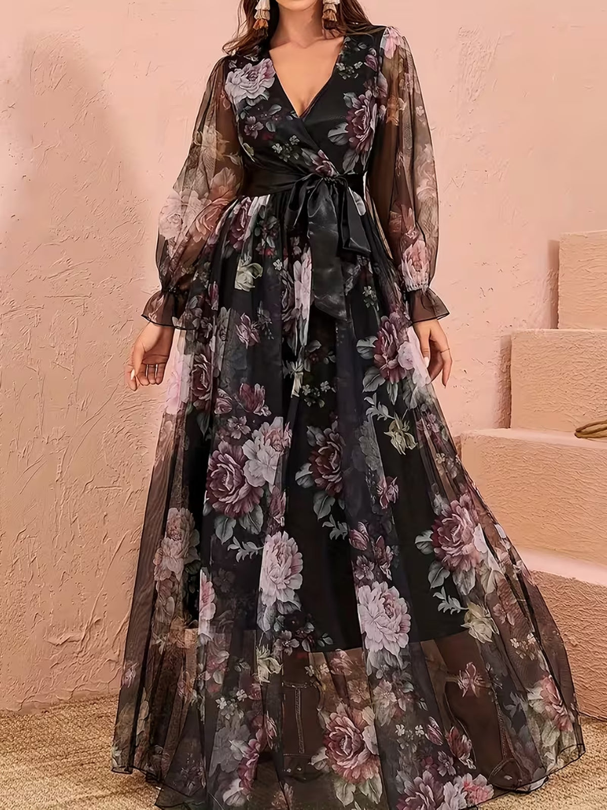 [ZD1031036] Elegant Floral Dress with See-Through Long Sleeves, Tie-Up Bow, Waist-Cinching, And Large Swing, Suitable for Dates, Dinners, And Evening Gowns - Black
