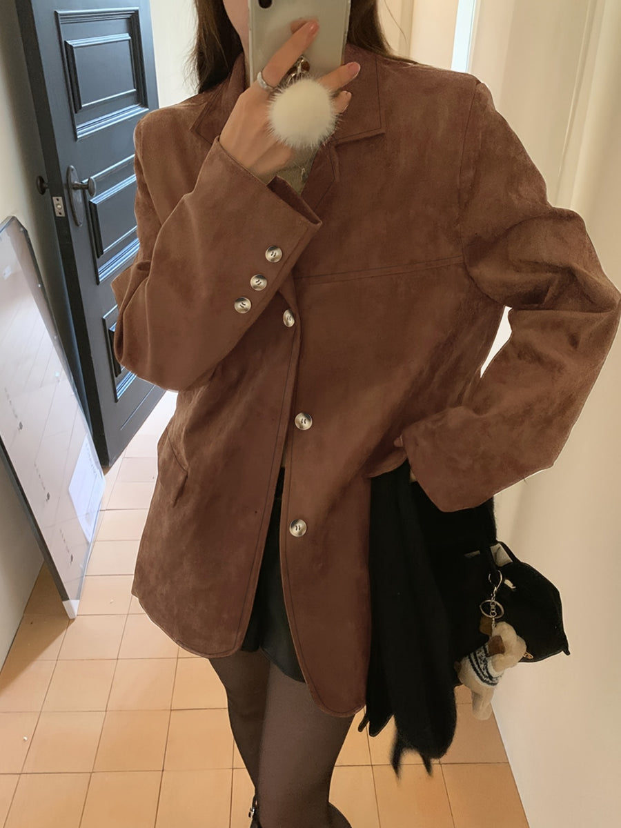 Fashion Women'S Faux Suede Mid-Length Blazer, Lapel Single-Button Jacket with Flap Pockets And Cuff Buttons, Suitable for Outdoor Travel, Street Style, And Autumn Casual Outfits - Coffee Color
