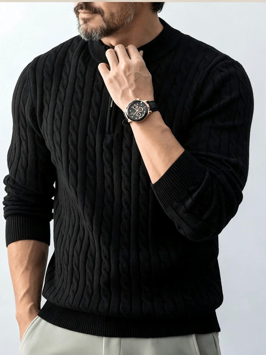 Men's Relaxed-fit Spring and Autumn Style with a Chic Half-zipper Design for a Casual, Laid-back Look. The Exquisite Cable-knit Texture Adds a Vintage Touch, While the Solid Color Offers a Calm and Sophisticated Vibe, Perfect for Creating a Casual - Black