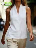 Summer Women'S New Fashion Premium Sense Professional Daily Commute Solid 100% Versatile Easy Halter Off-Shoulder V-Neck Tank Top Blouse ASD1 - White