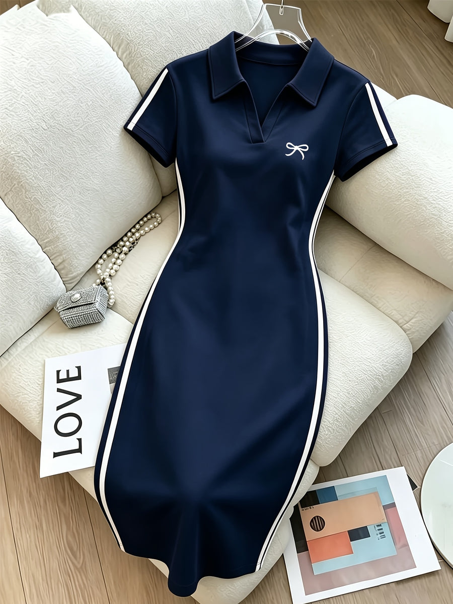 Ladies Bow Print Side Stripe Polo Collar Dress, Slim Fit Hip Wrap Dress for Summer - Navy Color