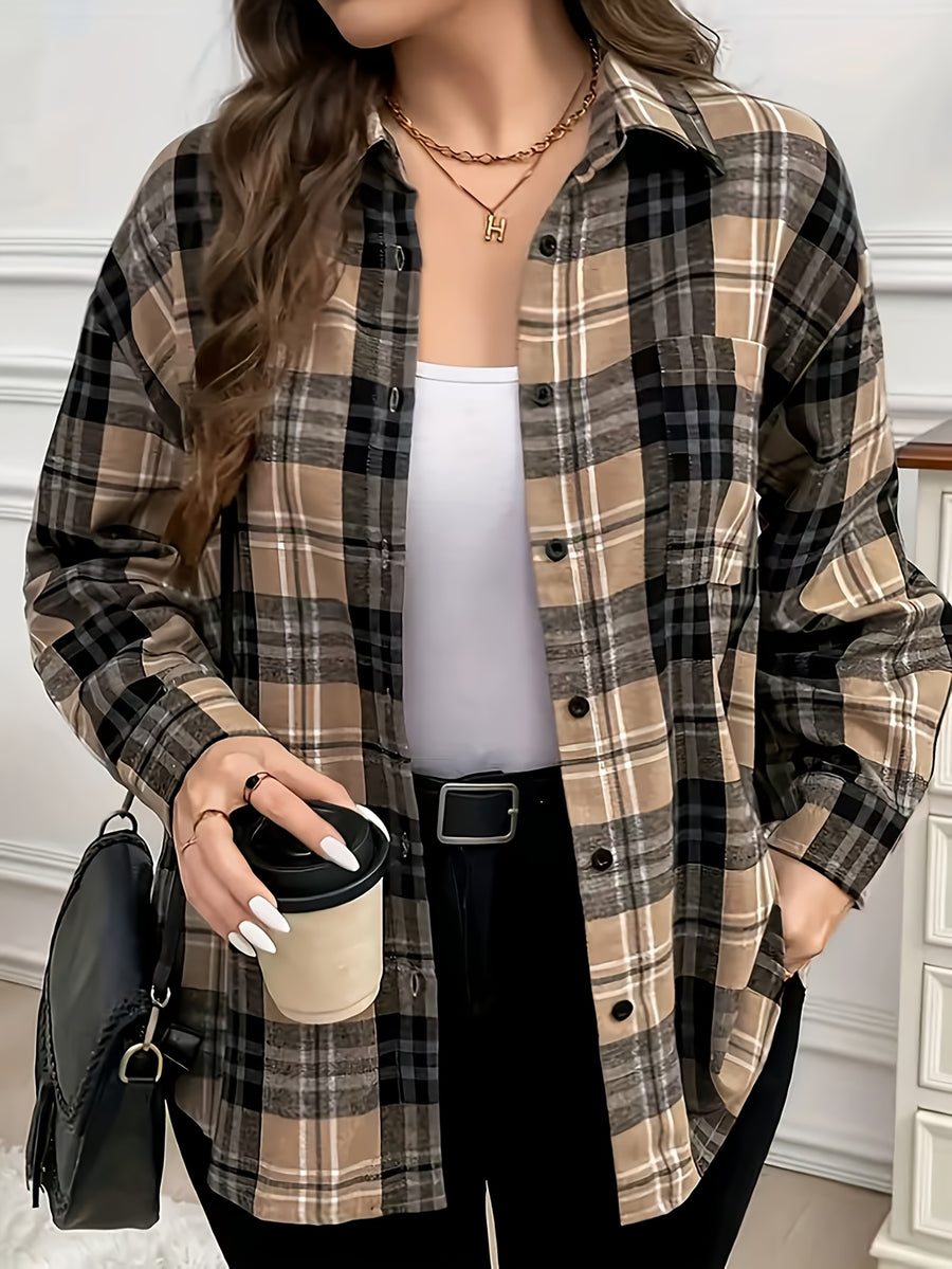 New Women's Plaid Pattern Button-Front Patch Pocket Casual Long-Sleeve Shirt - Classic Versatile Casual Comfortable Four-Season Elegant Shirt - Khaki