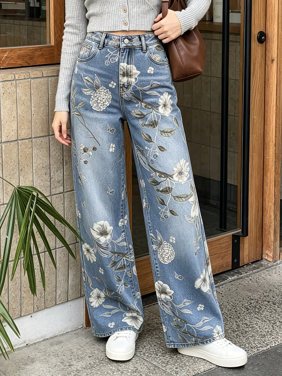 Vintage Boho Low-Rise Wide Leg Jeans for Women, Floral Print Whiskering Denim Trousers - Bright Steel Blue