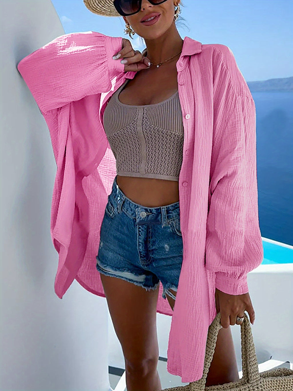 Fashionable Spring/Summer Elegant French-Style Loose Fit Casual Women's Long Sleeve Shirt with Eyelet Detail at the Back - Pink Color