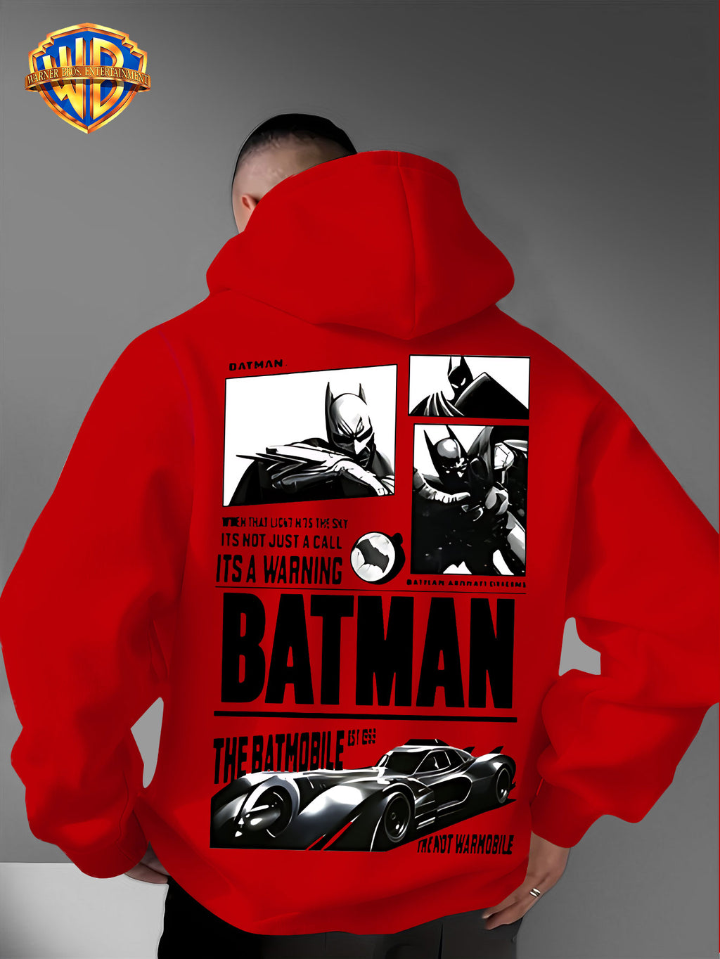 Warner Bros. Authorized American Dark Superhero Retro Batman Comic Poster Print Hooded Sweatshirt, with Adjustable Drawstring, Comfortable And Warm, Fashionable And Versatile Men'S Casual Sweatshirt, Suitable for Autumn And Winter Wear - Red