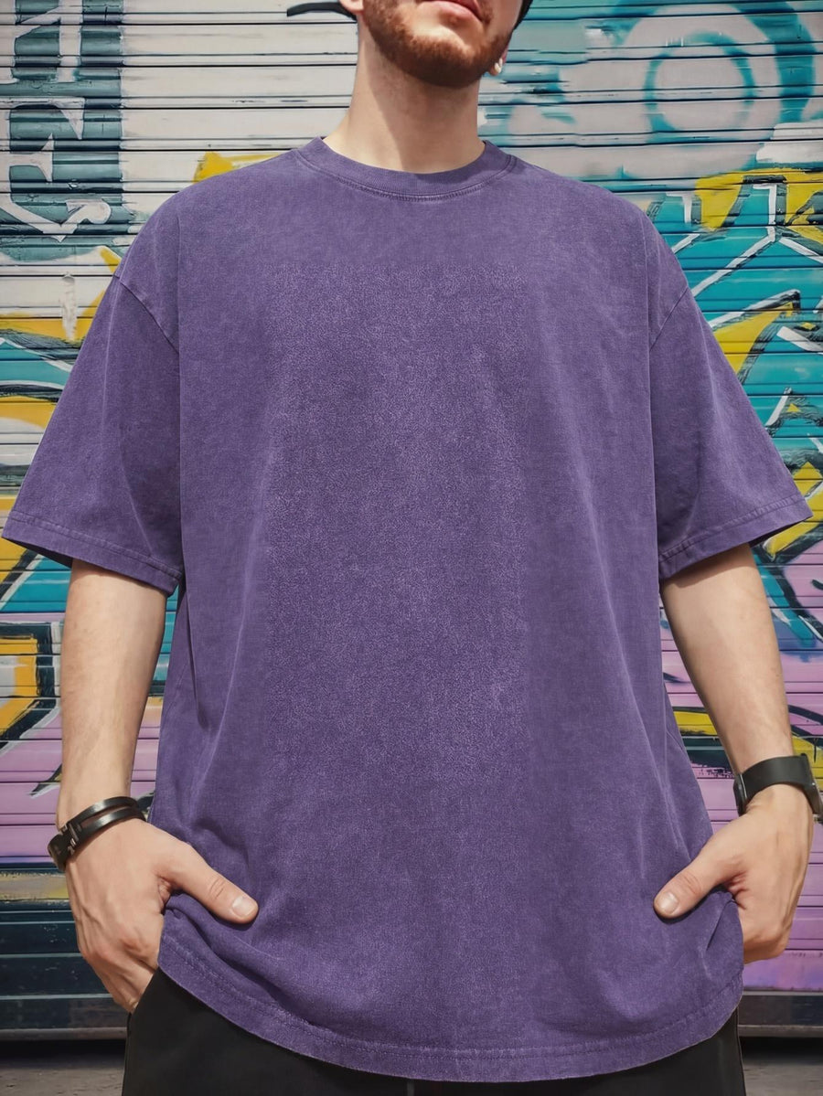 Relaxed Fit Distressed T-Shirt - Made from 100%, Heavyweight Vintage Washed Tee, Unisex Premium Quality Shirt - Deep Purple