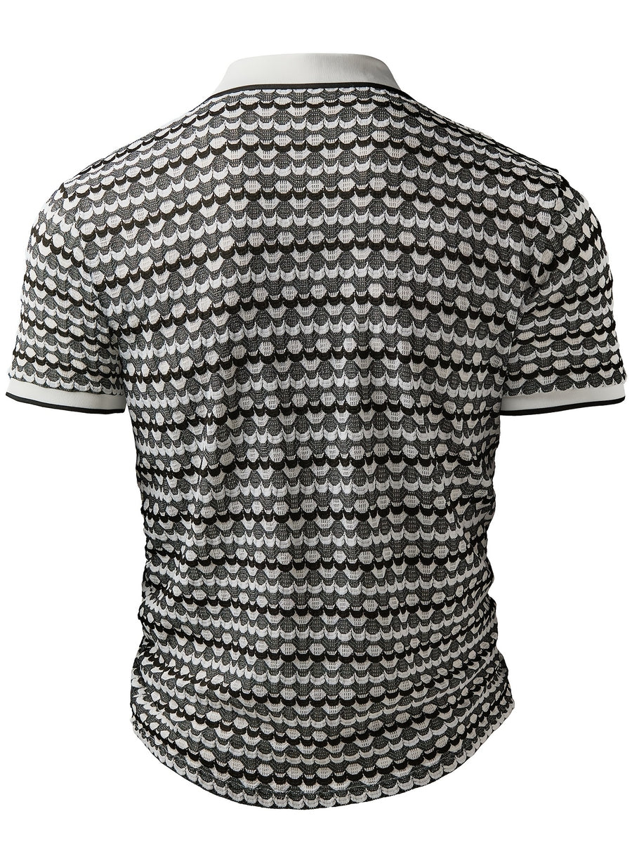 European and American Men's Fashion Black and White Geometric Texture V-Neck Color-Block Short Sleeve Shirt - Black And White Color