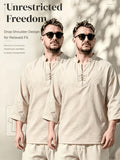 2pcs/Men'S Casual Shirts, New Linen V-Neck Casual Pullover Shirts for Daily Casual Wear, Solid Color 3/4 Sleeve Design, Suitable for Spring, Summer, And Autumn, Quick-Dry Non-Stretch Fabric, Loose Fit, Perfect Gift! - Khaki