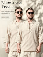 2pcs/Men'S Casual Shirts, New Linen V-Neck Casual Pullover Shirts for Daily Casual Wear, Solid Color 3/4 Sleeve Design, Suitable for Spring, Summer, And Autumn, Quick-Dry Non-Stretch Fabric, Loose Fit, Perfect Gift! - Khaki