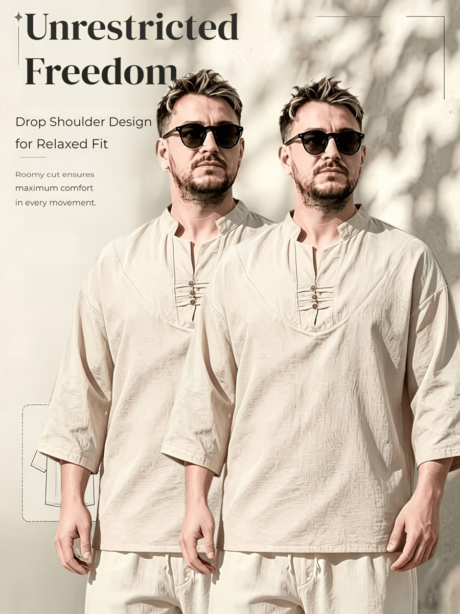 2pcs/Men'S Casual Shirts, New Linen V-Neck Casual Pullover Shirts for Daily Casual Wear, Solid Color 3/4 Sleeve Design, Suitable for Spring, Summer, And Autumn, Quick-Dry Non-Stretch Fabric, Loose Fit, Perfect Gift! - Khaki