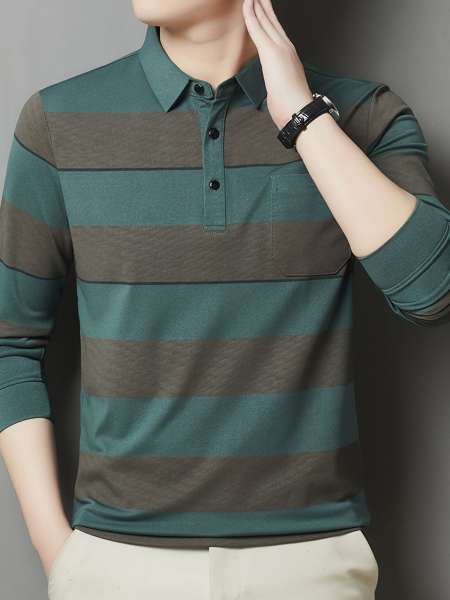 SaXing OBM Men's New Spring/Autumn Polo Shirt, Contrast Color Half-Open Placket Single-Breasted Polo Collar Long Sleeve Pullover Base Layer Top, Suitable for Spring, Summer, Autumn, and Winter Wear, Versatile for Daily and Casual Wear - Green
