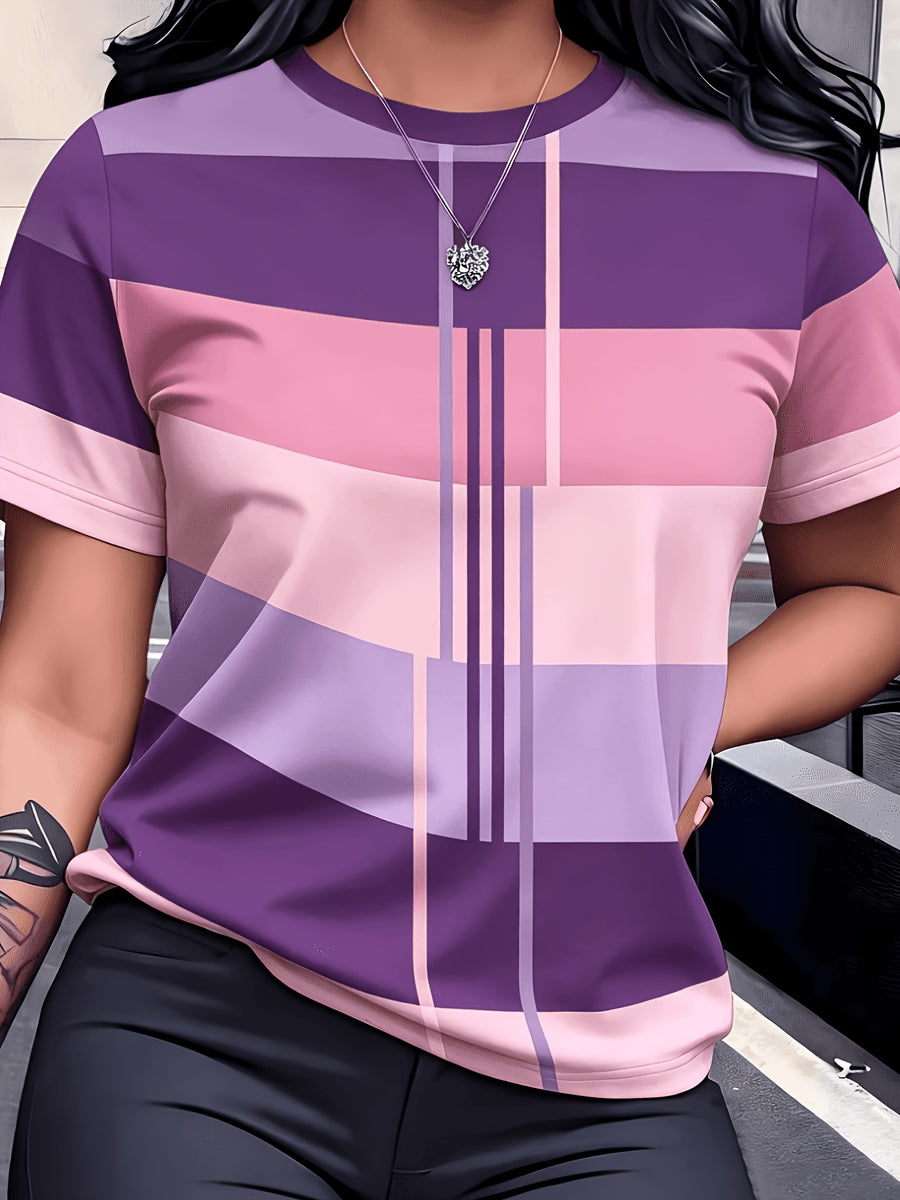 Women'S Summer Fashion Round Neck T-Shirt with Textured Geometric Short Sleeves, Color Block, Line Pattern, Vintage Style Casual Top - Mixed Color 3