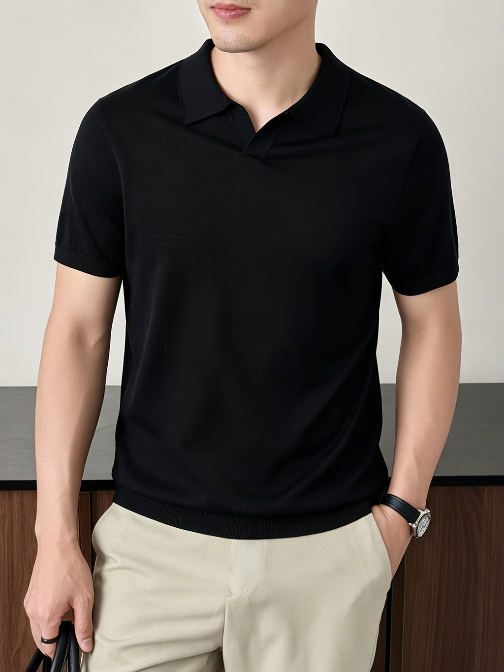 Maqiqi OBM New Spring/Summer Men's Knitted Pullover, Old Money Style Solid Color Clean Cut Half-Open Placket Scissor Collar Lapel Ribbed Knit Short Sleeve T-Shirt, Men's Casual Fashion Thin Breathable Pullover Sweater Knit Base Layer Top - Black 1