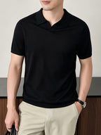 Maqiqi OBM New Spring/Summer Men's Knitted Pullover, Old Money Style Solid Color Clean Cut Half-Open Placket Scissor Collar Lapel Ribbed Knit Short Sleeve T-Shirt, Men's Casual Fashion Thin Breathable Pullover Sweater Knit Base Layer Top - Black 1
