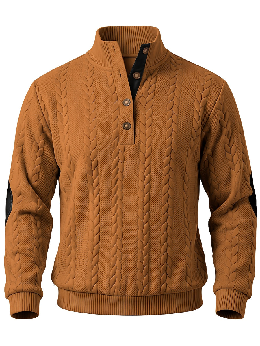 Men'S Casual Long Sleeve Knit Sweater, Textured Cable And Diamond Pattern, Stand Collar with Button Placket, Contrast Elbow Patch Details, Ribbed Cuffs And Hem, Ideal for Fall Winter Work, Travel, Golf And Daily Wear - Bronze