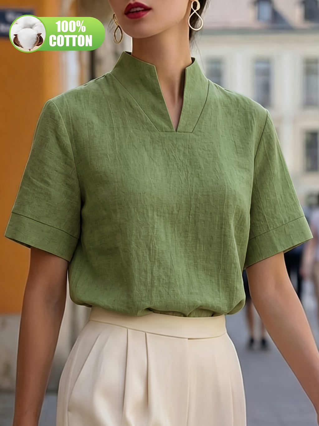 Elegant and Summer New Style Fashionable 100% V-Neck Back Zipper Short Sleeve Everyday Versatile T-Shirt Top ASD1 for Women of Distinguished Temperament - Green