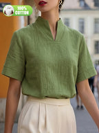 Elegant and Summer New Style Fashionable 100% V-Neck Back Zipper Short Sleeve Everyday Versatile T-Shirt Top ASD1 for Women of Distinguished Temperament - Green