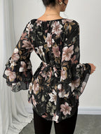 Women'S Summer Elegant Top, Chiffon Floral Print Layered Ruffle Sleeve, Waist Tie Festival Outfit, Holiday Vacation Wear Shirt - Mixed colors
