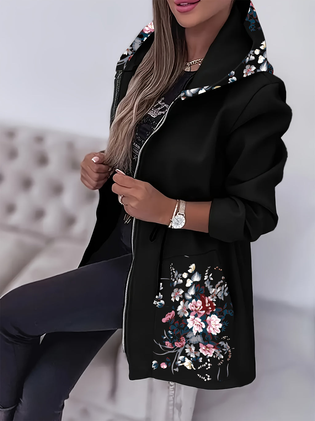 Women'S Floral Print Hooded Jacket - Black with Pink/White/Gray/ Green Floral Pattern, Front Pockets, Warm Outerwear for Fall/Winter, Casual Chic Coat for Everyday & Formal Events, Fall Fashion, Stylish Hoodie, Comfortable Fit, Versatile Layering - Black