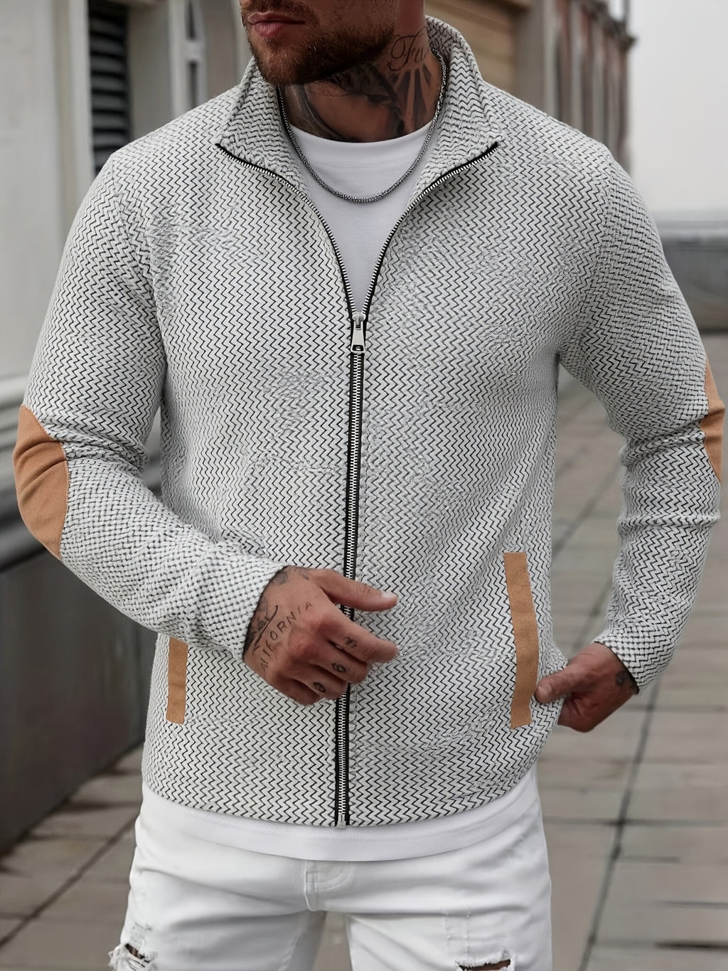 Men's Full-Zip Jacket with Herringbone Patchwork Collar & Stand Collar - Loose Fit Winter Coat, Zippered Outerwear Suitable for Fall/Winter, Machine Washable Warm Jacket for Casual Wear and Layering - Ivory White