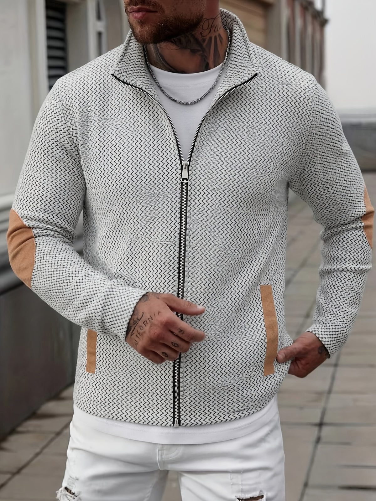Men's Full-Zip Jacket with Herringbone Patchwork Collar & Stand Collar - Loose Fit Winter Coat, Zippered Outerwear Suitable for Fall/Winter, Machine Washable Warm Jacket for Casual Wear and Layering - Ivory White