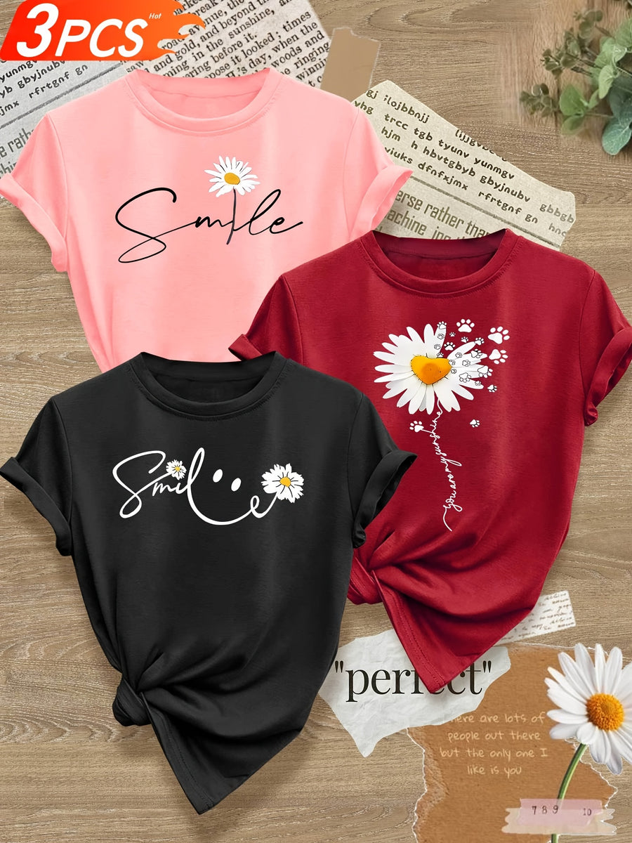 Smiling Letter Small Flower Series 3pcs Mixed Pack, Family Pack, Sisters Pack, Printed Fashion Vintage Style Women's Summer Casual Sporty Style Round Neck Short Sleeve T-Shirt, Multiple Colors Available, Sizes S-XXL - Pink Black Red
