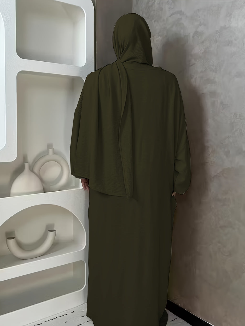 1pc And Abaya One-Piece Dress, Prayer Jilbab Fashionable, Elegant And Casual Solid-Colored Puff Sleeve Suitable for Daily Wear. Loose And Comfortable Women'S Abaya Robe - Olive Green