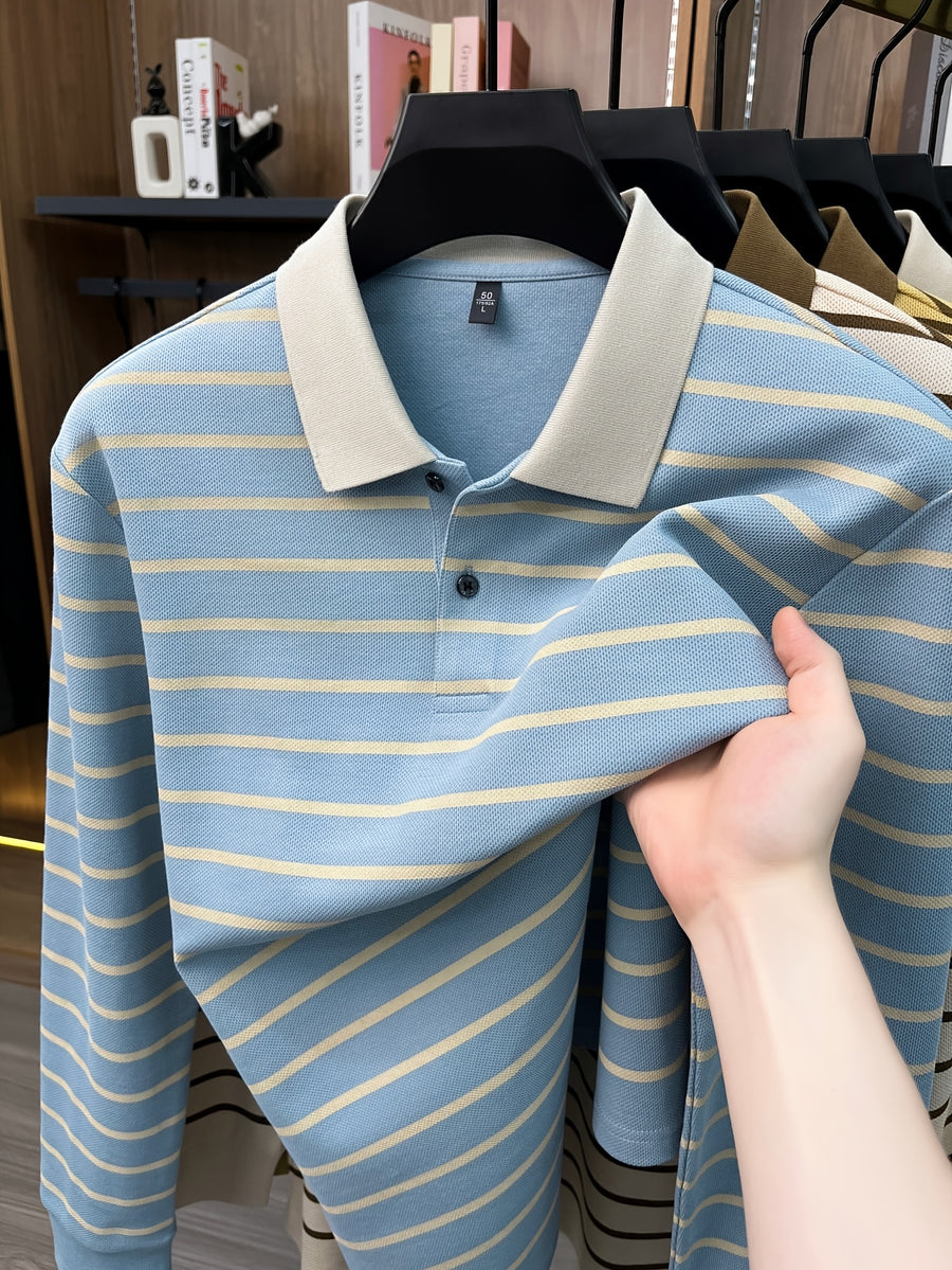 2026 Autumn Men's Long-Sleeve Striped Casual Lapel Polo Shirt - Blue