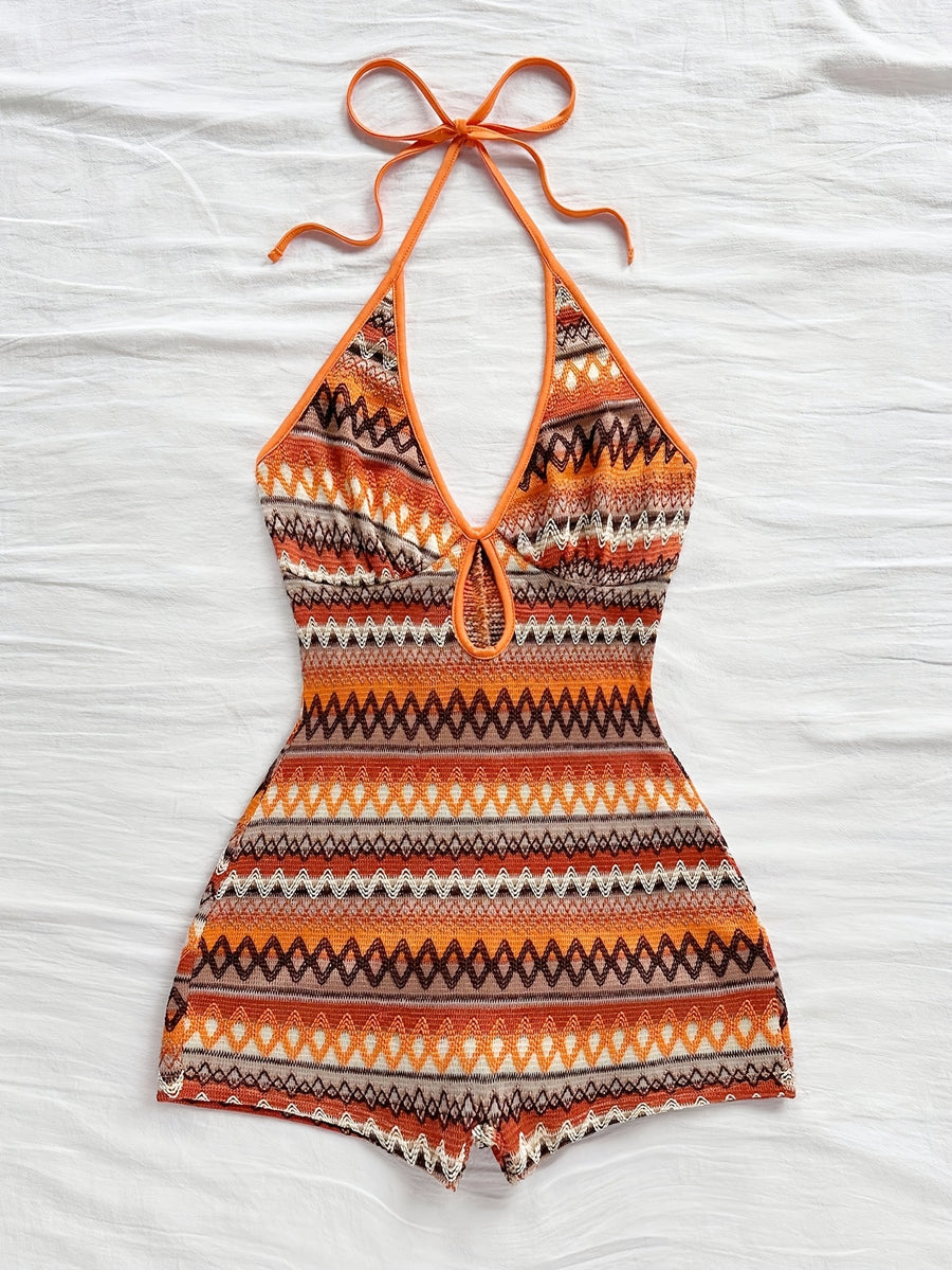 Women's Fashion Irregular Texture Halter Jumpsuit - Orange-Red