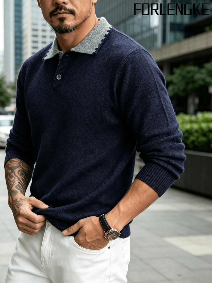 FORLENGKE Stylish Elegant Men'S Business Casual Color Block Lapel Polo Knit Sweater, Soft Skin-Friendly Thick Long Sleeve Pullover for Fall Winter Office Daily Wear - Navy Color