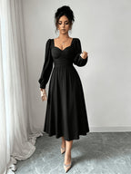 Solid Color Sweetheart Neckline Ruffled Long Dress, Lantern Puff Sleeve Waist-Cinching Flowing A-Line Women'S Dress, Suitable for Wedding Guests, Evening Parties, Office Commute, Dinner Dates, And Casual Outings - Black