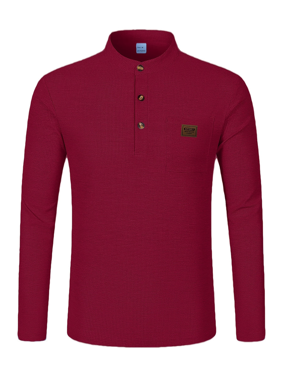 Josh Mei Selection: 2026 New Men's Stand Collar Waffle Texture Long Sleeve Shirt, Three-Button Half Open Lapel with Pocket, Lightweight and Comfortable Basic Top for Daily Outings - Burgundy