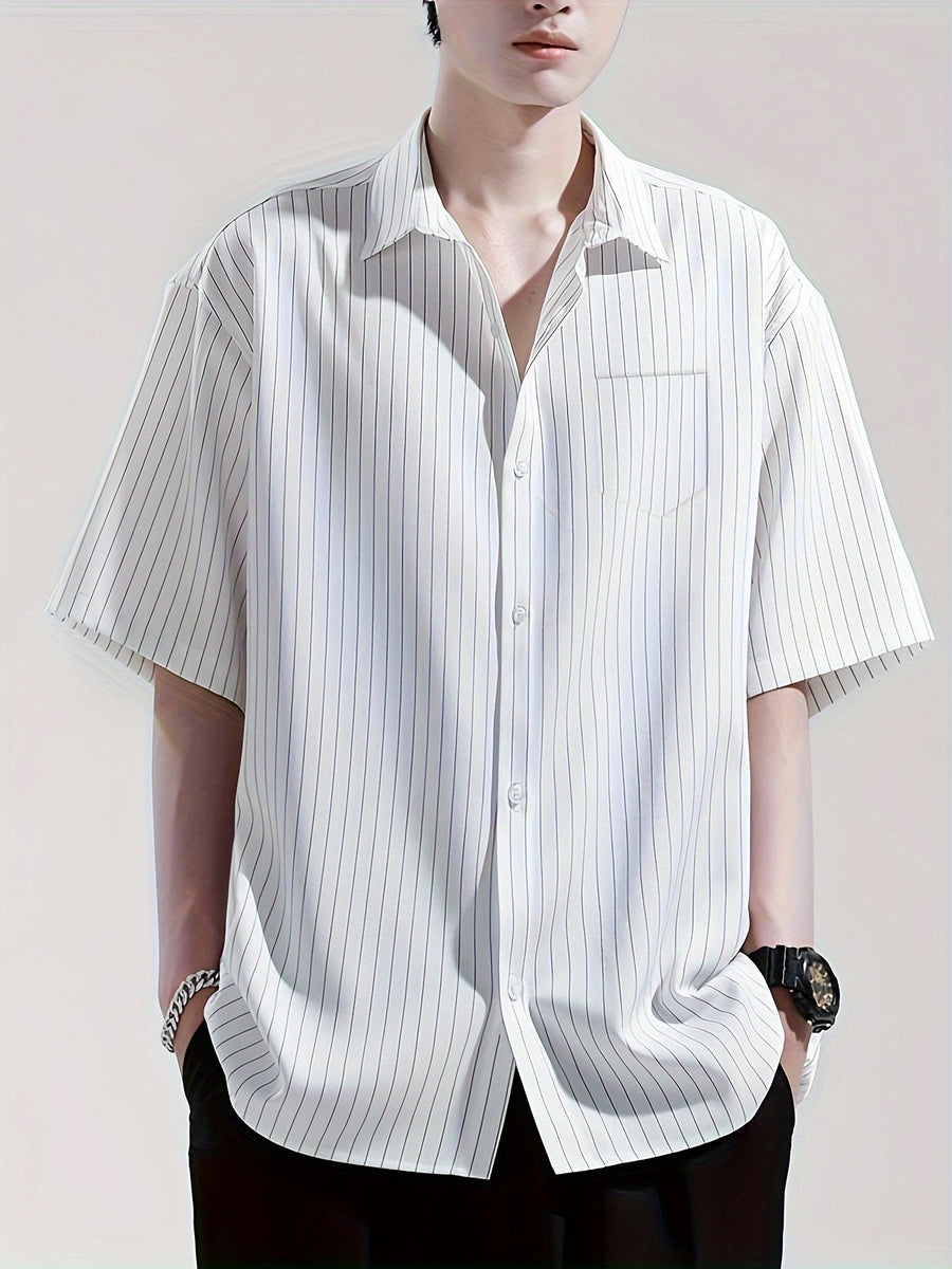 Men's Summer Striped Short-Sleeve Shirt, Loose Fit, Thin Spring/Autumn Casual Premium Shirt, Read-to-Wear Wrinkle-Free 2024 Short Top - White