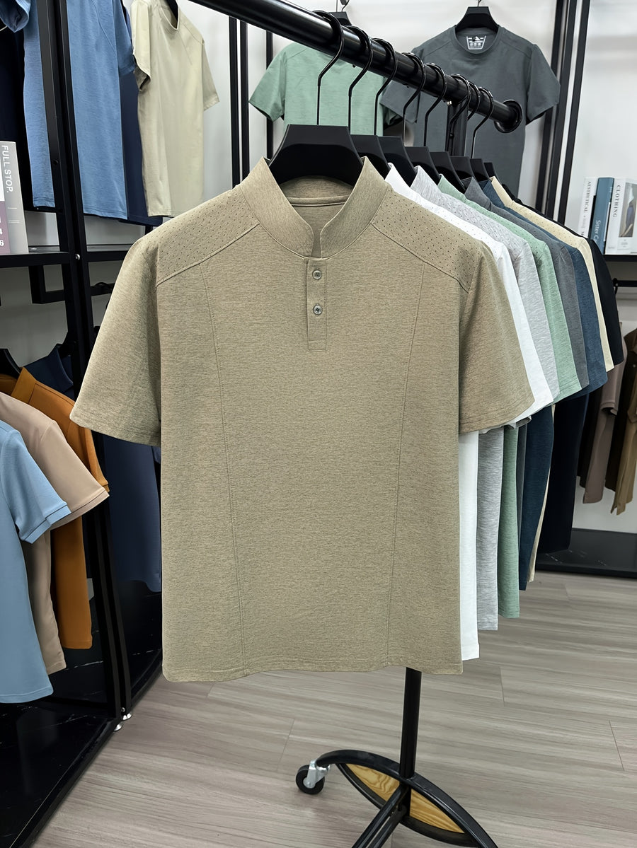Men's New Summer Casual Stand Collar T-Shirt, Simple and Stylish Thin Breathable Versatile Short Sleeve Tee - Khaki 1