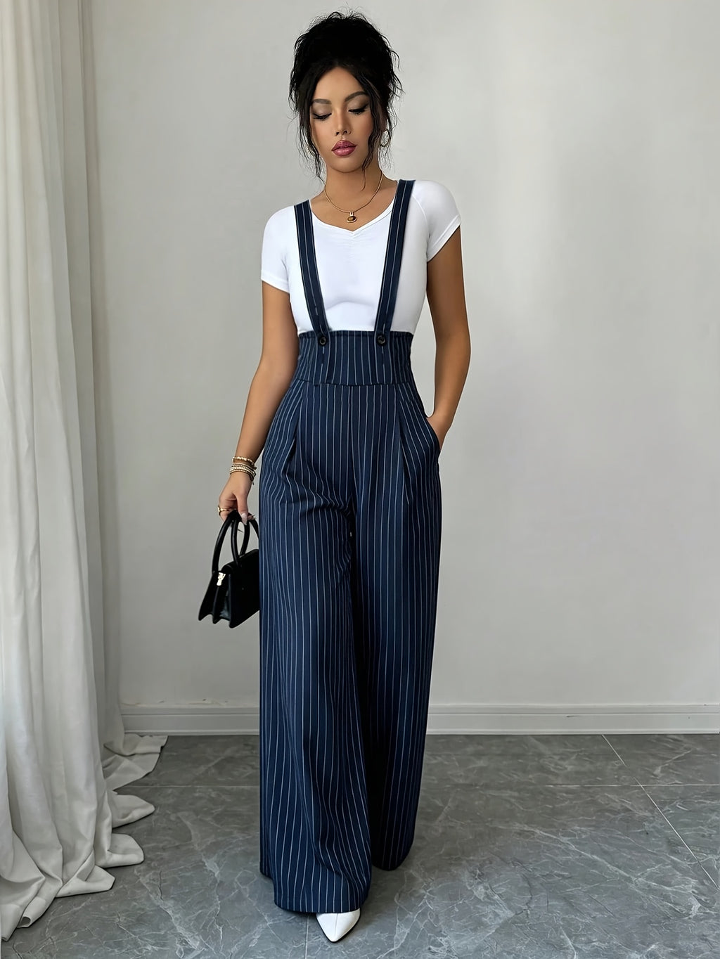 ASD1 New Striped French Elegant Fashion Design High-Waist Straight Wide Loose Casual Daily Versatile Women'S Jumpsuit - Blue And White